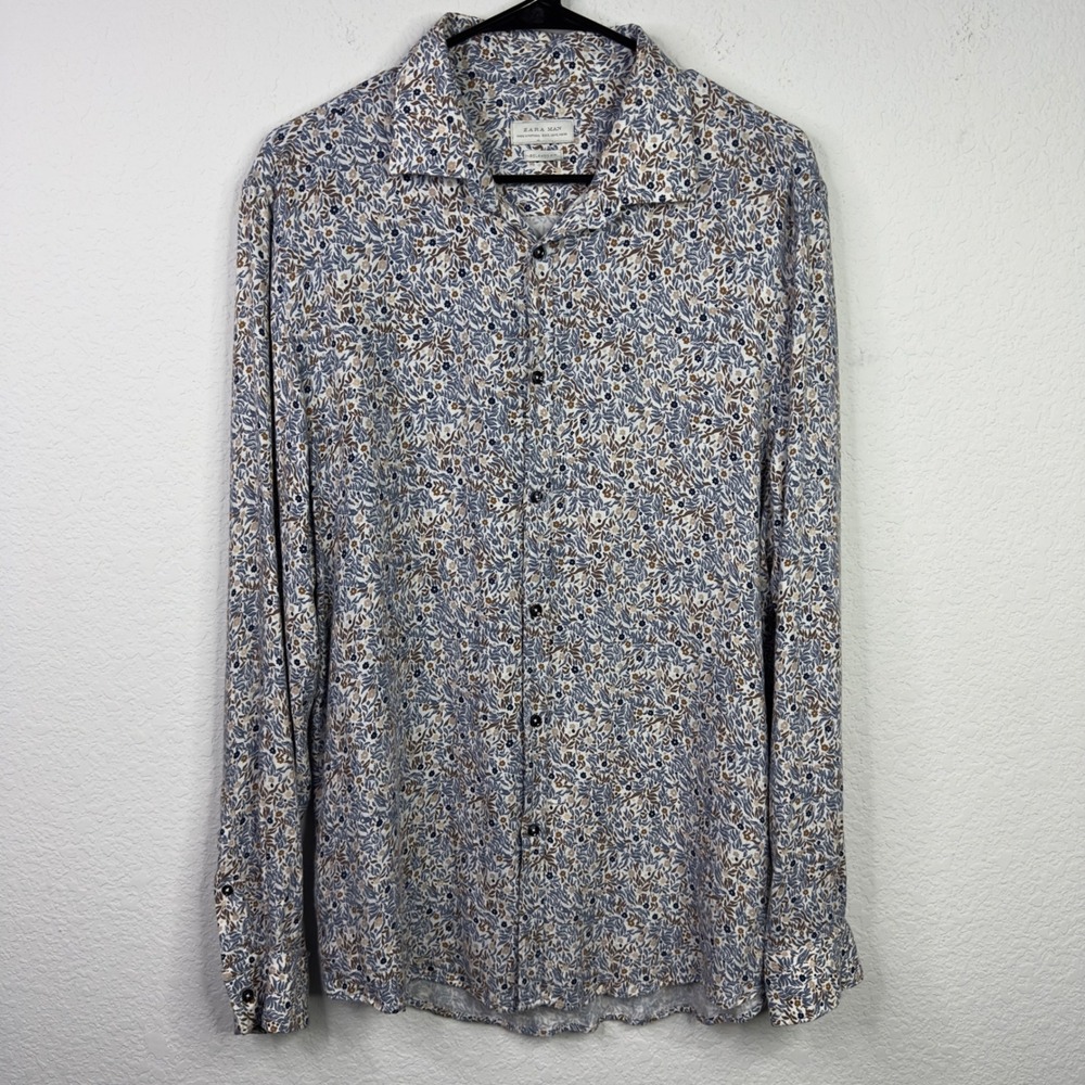 Zara Man Shirt Mens XL Floral Button Relaxed‎ Fit Long Sleeve Vacation Preppy